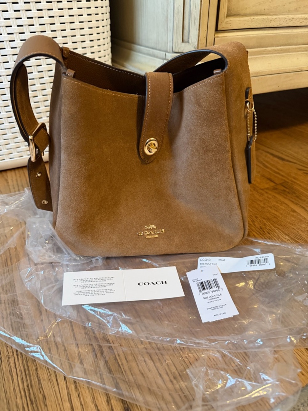 Coach Hadley Suede Shoulder Bucket Bag in Tan Brown with Gold Hardware